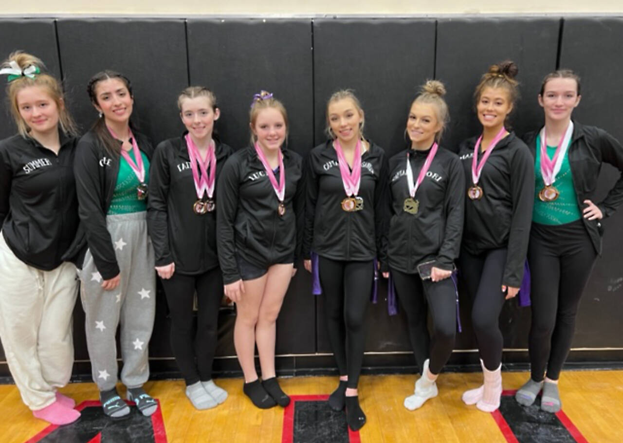 The Port Angeles/Sequim gymnastics team. From left, Summer Hirst-Lowe, Chloe Notari, Faith Carr, Lucy Spelker, Susannah Sharp, Kori Miller, Amara Brown and Maddie Adams. (Courtesy photo)