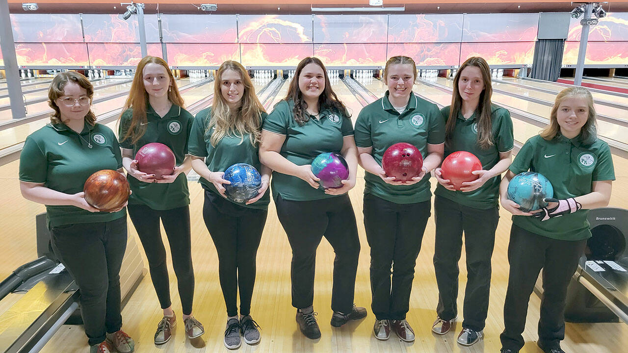 The first-year Port Angeles bowling team picked up a second-place finish at the Olympic League Tournament on Thursday at All-Star Lanes in Silverdale. Team members from left, Sophie Constant, Kenadie Ring, Paige Pangaro, Abby Robinson, Taylor Worthington, Natalie Robinson and Zoey Van Gordon. The Roughriders will bowl in the West Central District Tournament next Saturday at Tacoma’s Paradise Lanes.