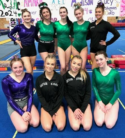 The Port Angeles and Sequim gymnastics team at its final home meet last from. From left, rear, are Madisyn Ripley, Chloe Notari, Maddie Adams, Summer Hirst-Lowe and Amara Brown. From left, front, are Lucy Spelker, Kori Miller, Susannah Sharp and Faith Carr. (Port Angeles/Sequim gymnastics)