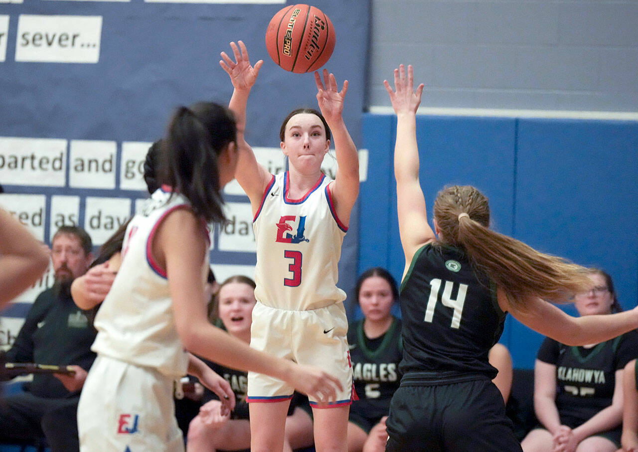 Steve Mullensky/for Peninsula Daily News East Jefferson Rival Kay Botkin shoots from outside the key during a Nisqually League game played in Chimacum against the Klahowya Eagles.