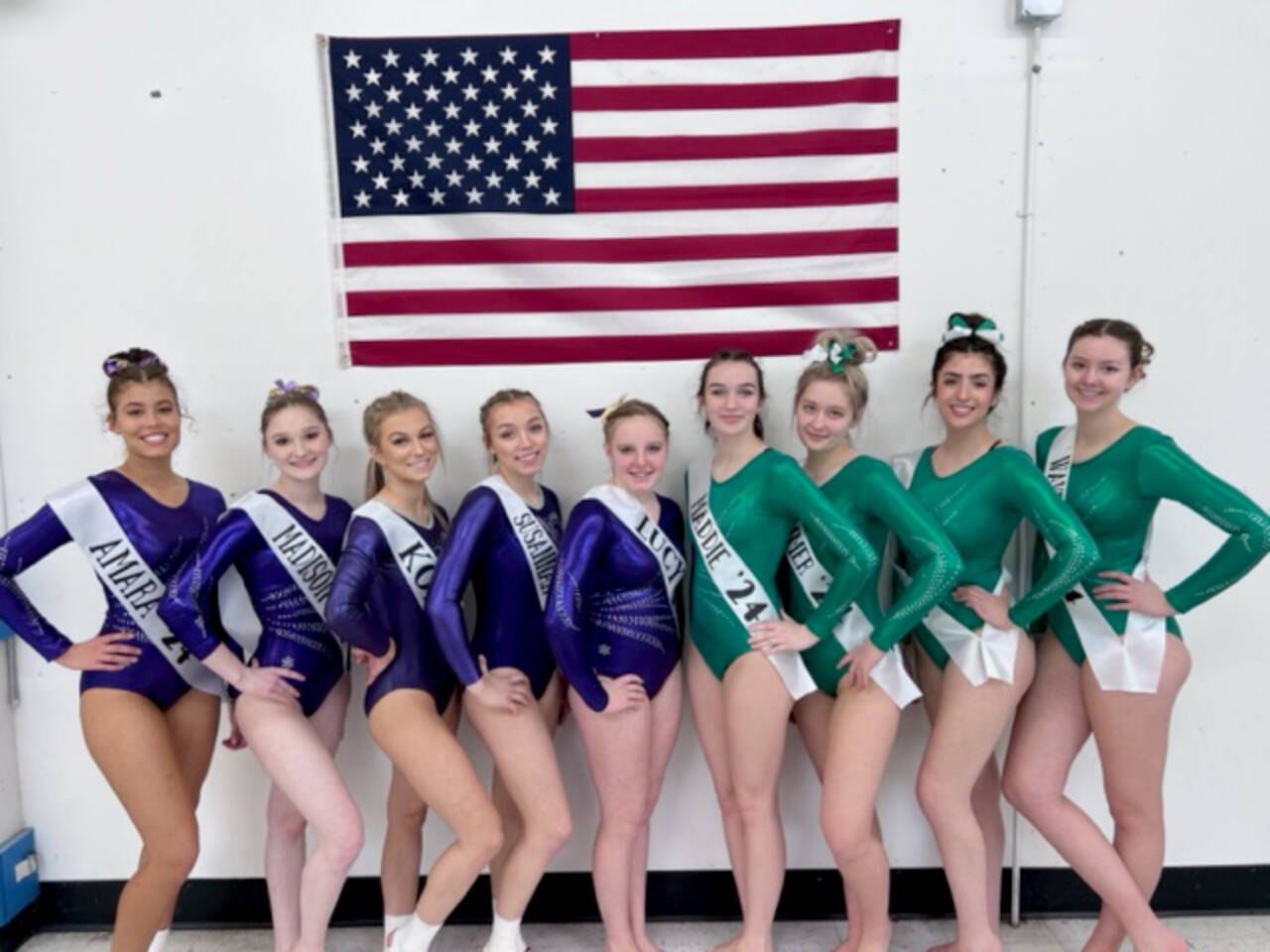 The Sequim/Port Angeles gymnastics team at subdistricts last weekend in Puyallup. From left, Sequim’s Amara Brown,Madison Ripley, Kori Miller, Susannah Sharp and Lucy Spelker; Port Angeles’ Maddie Adams, Summer Horst-Lowe, Chloe Notari and Waverly Mead. (Courtesy of Port Angeles/Sequim gymnastics)