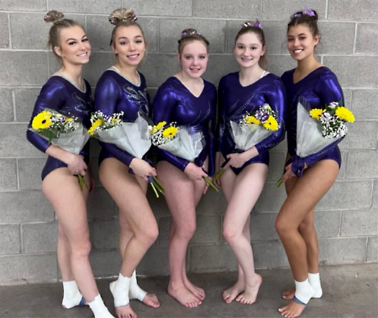 Sequim gymnasts Kori Miller, Susannah Sharp, Lucy Spelker, Madison Ripley and Amara Brown. Miller, Sharp and Spelker will be competing at the state gymnastics meet that begins Thursday. (Courtesy photo)