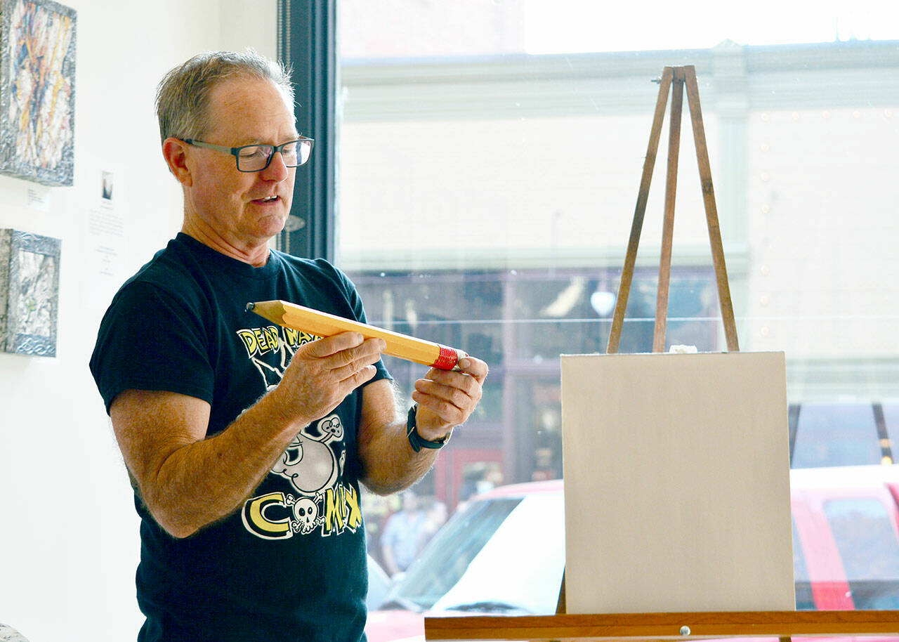 Dana Sullivan of Port Townsend uses humor and a large pencil in his classes for youngsters and adults at the Northwind Art School. His offerings are among more than 100 courses and camps in the Spring-Summer Catalog launched last week at https://northwindart.org. (Photo courtesy of Northwind Art)