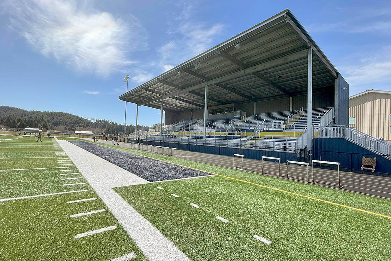 Phase I work on Spartan Stadium is nearing completion in anticipation of the ribbon cutting on April 14. The $2.5 million complex had been scheduled to open in October, but supply chain problems, poor weather and materials delivery delayed construction. (Paula Hunt/Peninsula Daily News)