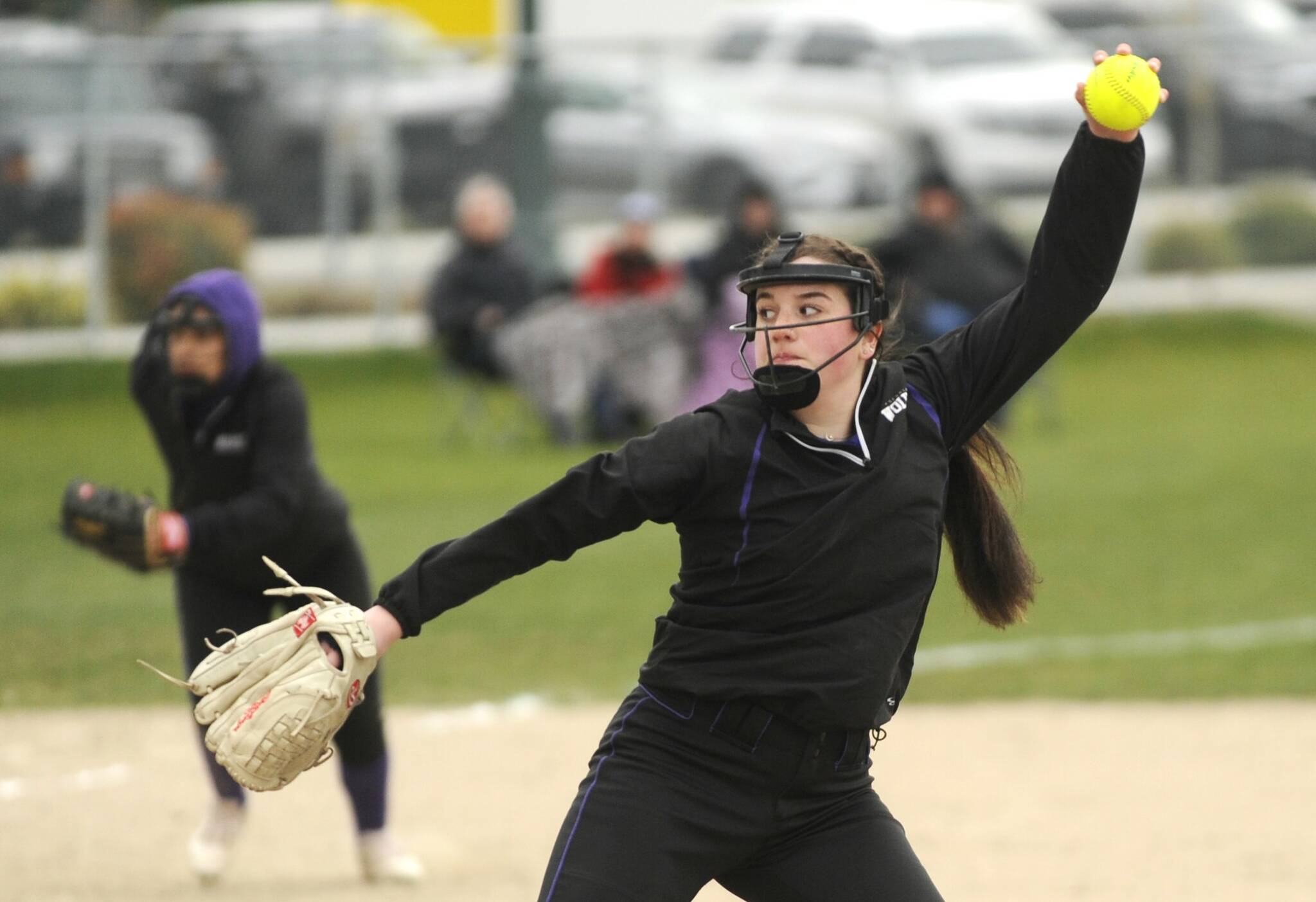 Sequim’s Lainey Vig pitched a complete-game victory against Bainbridge on Friday, allowing just four hits and one earned run. Here, she pitches against North Mason at home on March 30. (Michael Dashiell/Olympic Peninsula News Group)