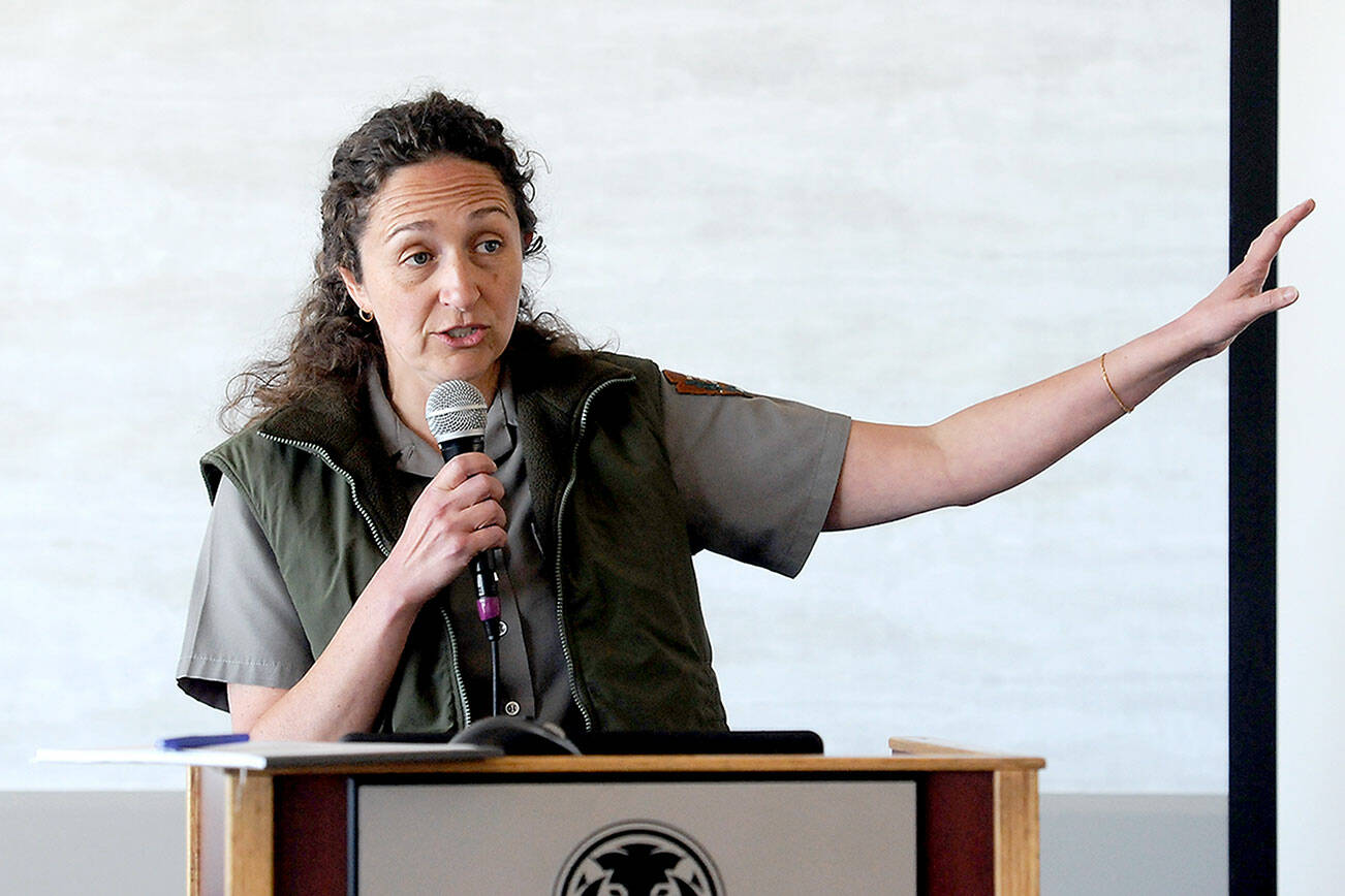 Olympic National Park Superintendent Sula Jacobs speaks on Wednesday about the status of the day lodge at Hurricane Ridge and public access to the area in the aftermath of a fire on Sunday that destroyed the popular tourist destination. (Keith Thorpe/Peninsula Daily News)