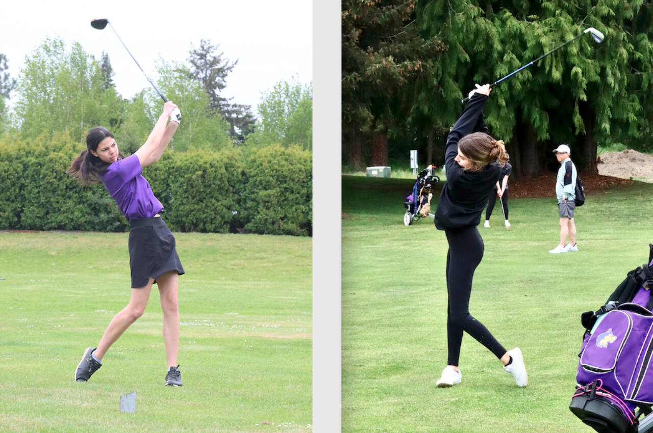 Left, Emily Post of Sequim hits a tee shot at the district golf tournament held at Cedars at Dungeness on Tuesday. Right, Sara German of Sequim hits a fairway shot at the district golf tournament.
(Dave Logan/for Peninsula Daily News)