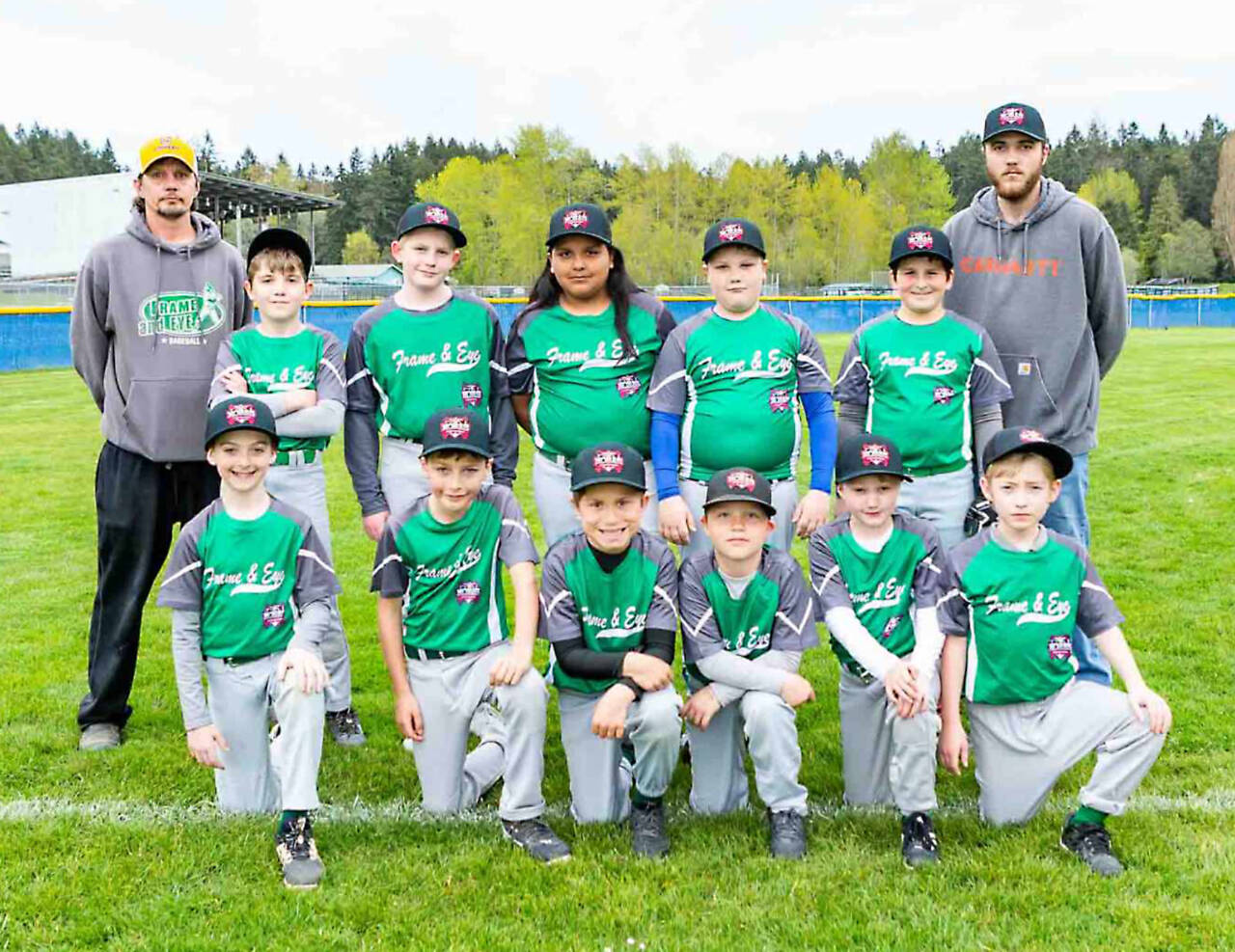 Frame & Eye were the champions of the Triple AAA tournament at the Port Angeles city championships this past weekend. From left, front row, are Daemon Kilmer, Brody Romero, Jacob Potter, Levi Palmer, Bentley Mock and Brayden Diltz. From left, back row, are coach Ryan Sage, Robbie Palmer, Trevin Kendall, Eaglevalley Zuniga, Kameron Palmer, William Campbell and coach Austin Sage. (Courtesy photo)