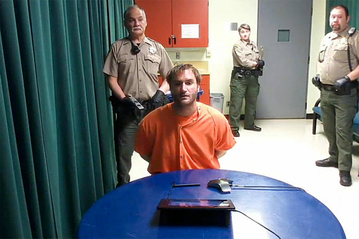 Bret Kenney appears in court via video in May 2022 after being accused of killing his mother, Teri Ward of Sequim, and attempting to kill Sequim police officer Daniel Martinez during a traffic stop in 2022.