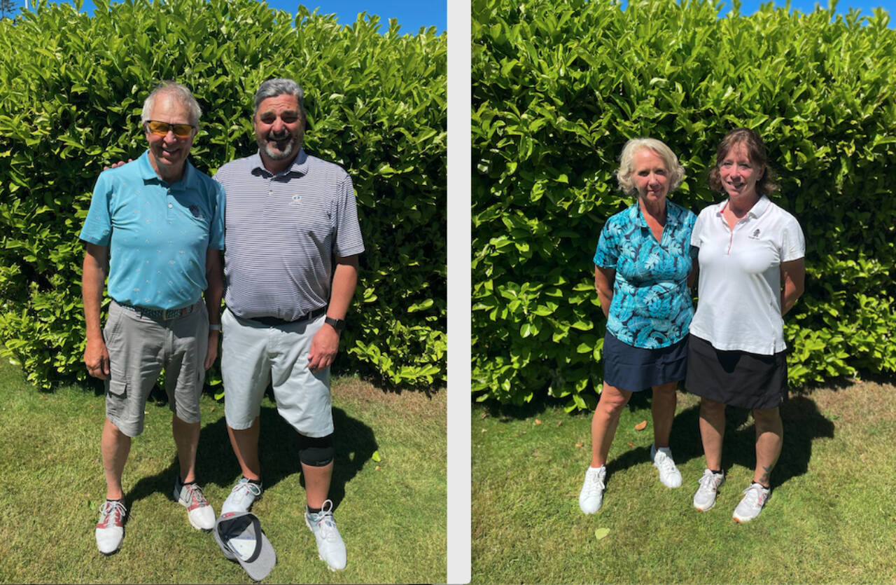 (Left) Roger Olsen and Kelly O’Mera, overall champions of the Sunland golf Club Member Major Championship. (Right) Rena Peabody and Ruth Parcell, are the women’s overall champions of the Sunland Golf Club Member Major Championship. (Sunland Golf Club) (Sunland Golf Club)