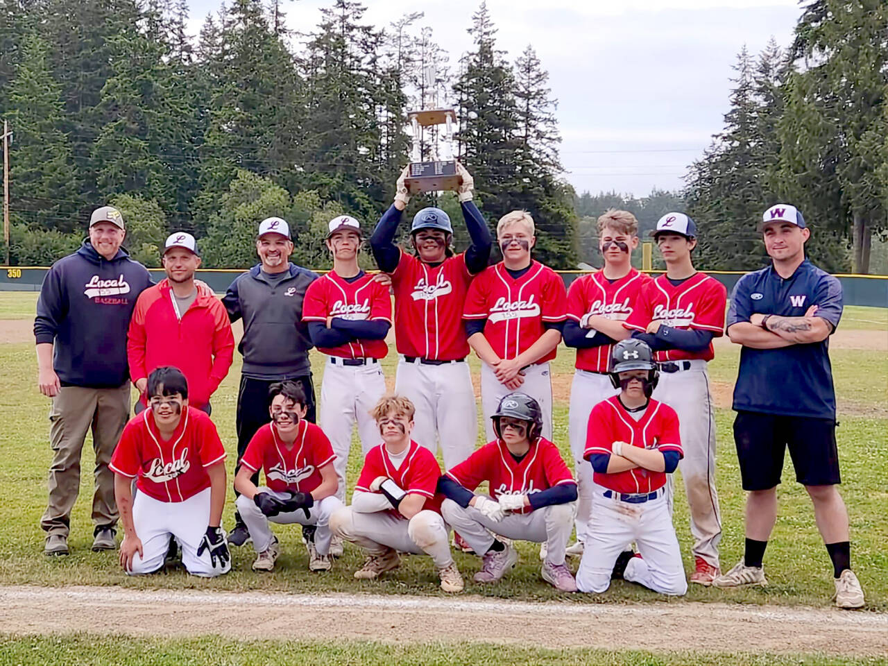 Local 155 is the Olympic Junior Babe Ruth champion. From left, back row, are coach Kelly Perry, coach Travis Waddell, coach Mike Mudd, Ian Smithson, Chris Jaynes, Brandt Perry, Jaron Tolliver, Bryce Deleon and coach Jackson Alvord. From left, front row, are Isaac Charles, Felix Gonzales, Carson Waddell, Alik Ross and Ethan Barbre. Not pictured is coach Seth Scofield. (Courtesy photo)