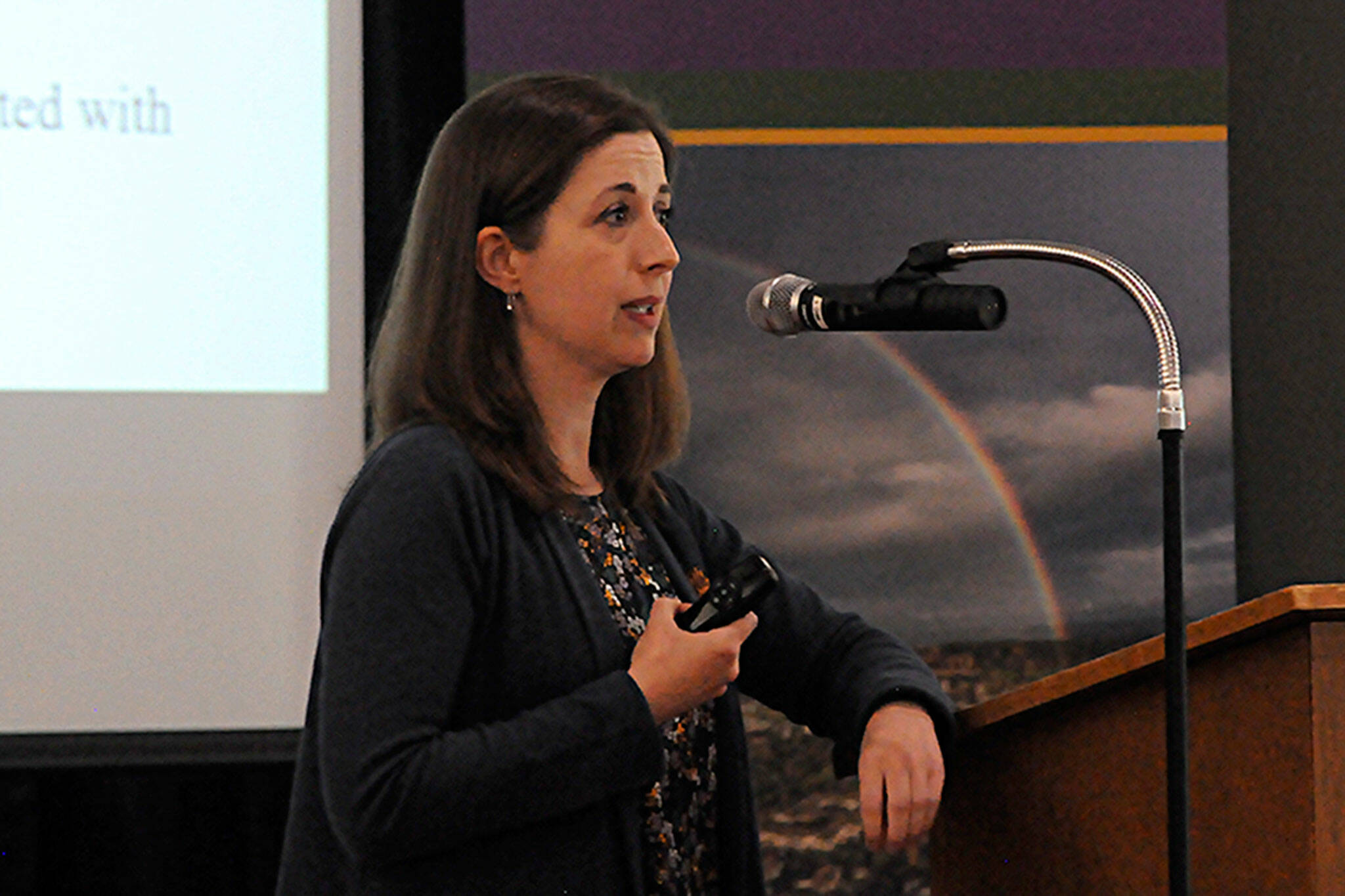 Dr. Molly Martin, Jamestown S’Klallam Tribe’s Healing Clinic executive director, speaks to a crowd at the Sequim-Dungeness Valley Chamber of Commerce’s luncheon on June 27. “We know from what we’ve been doing so far, recovery is possible,” Martin said. “And we are absolutely here to help. If there is anyone who needs our services, please tell them to seek us out.” (Matthew Nash/Olympic Peninsula News Group)