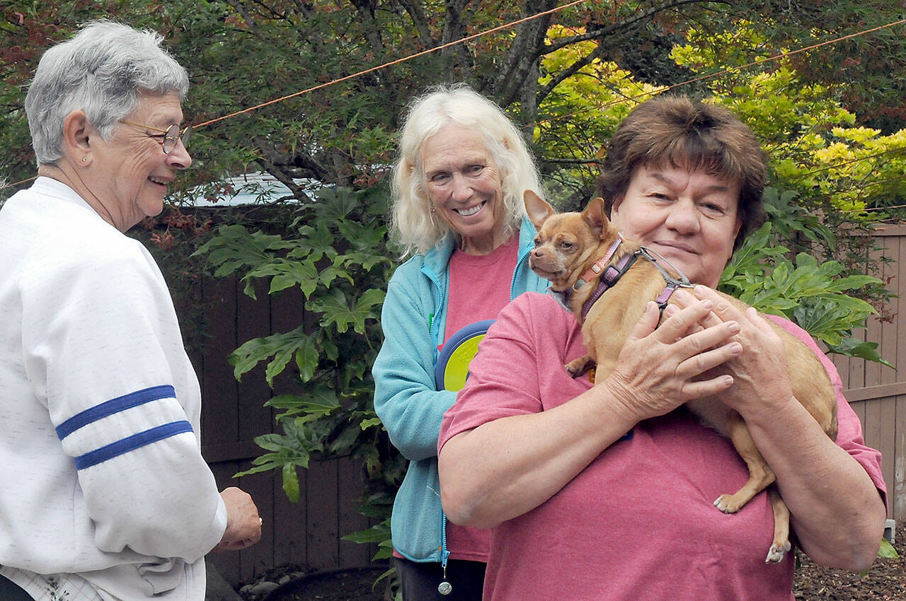 Susan McKay, a volunteer with the Welfare for Animals Guild, right, holds Athena, a Chihuahua, as Karen Mercil of Sequim, left, and fellow volunteer Jinx Bryant look on during an open house for the organization on Saturday near Sequim. The event allowed animal lovers an opportunity to visit the non-profit group’s dog shelter and to adopt a canine for its forever home. (Keith Thorpe/Peninsula Daily News)