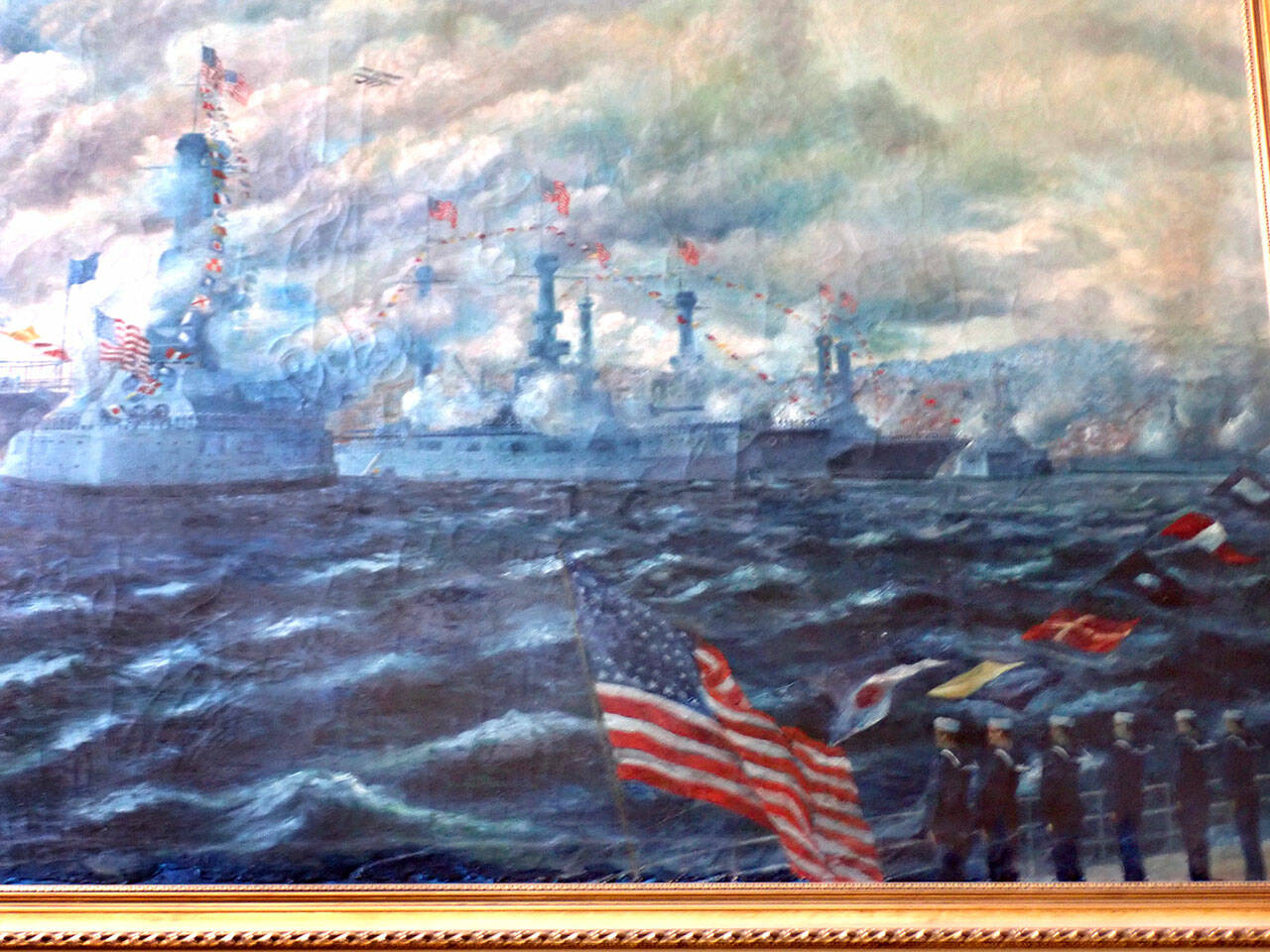 A closeup of a section of the Pacific Squadron painting by Thomas Guptil hanging in the Clallam County courthouse. (PAT NEAL/FOR PENINSULA DAILY NEWS)