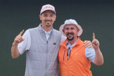 Adam Columbia, right, a Sequim High School graduate, competed Monday in the opening round of the Pacific Northwest Golf Association Men's Amateur. At left is fellow Sequim graduate Sean O'Mera, who competed at the Washington men's amateur along with Columbia in June.