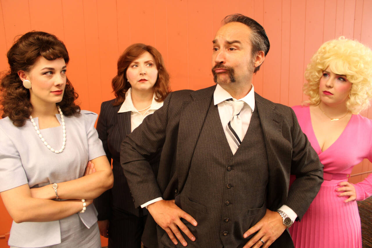 “9 to 5 The Musical” cast members, from left, Danielle Lorentzen, as Judy, Cecie McClelland, as Violet, Jeremy Pederson, as Franklin Hart, and Kathryn Lorentzen, as Doralee, ham it up at Ghostlight Production’s headquarters. (Darian Rentas)