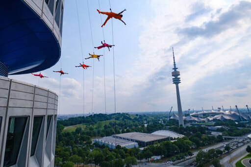 The dancers of BANDALOOP, pictured in Munich, Germany, will come to Port Angeles to perform on Field Arts & Events Hall’s north exterior wall this Saturday. (Basil Tsimoyianis/BANDALOOP)