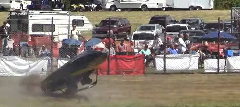 ASBR/YouTube The Jeepers Creepers sprint boat driven by Dillion Cummings with Teri Cummings, both of Sequim, crashes out during a qualifying run Saturday. The crash caused injuries to the crew and delayed the race for 30 minutes as medical officials treated the driver and navigator.