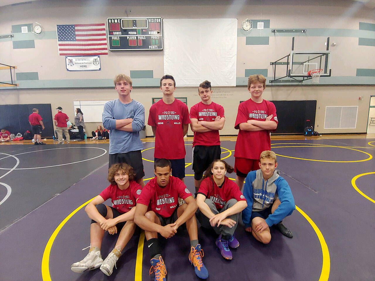 Gene Mills Eight East Jefferson Rivals wrestlers attended the Gene Mills Technique Camp in Sequim earlier this summer, learning from former world champion Gene Mills. Back row standing from left: Rylen Kruse, Aiden Glenn, Levi Donahue, Daltry Lammers and front, Grady White, Manaseh Ramirez, Mi Amada Ramirez and Zeke Banks.