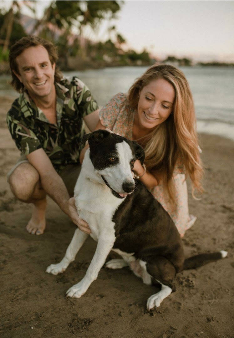 Eric and Valerye Zimmerman, formerly of Sequim, and their dog are safe after escaping wildfires that decimated the historic town of Lahaina, Maui. (Erin Huff/Zimmerman family)