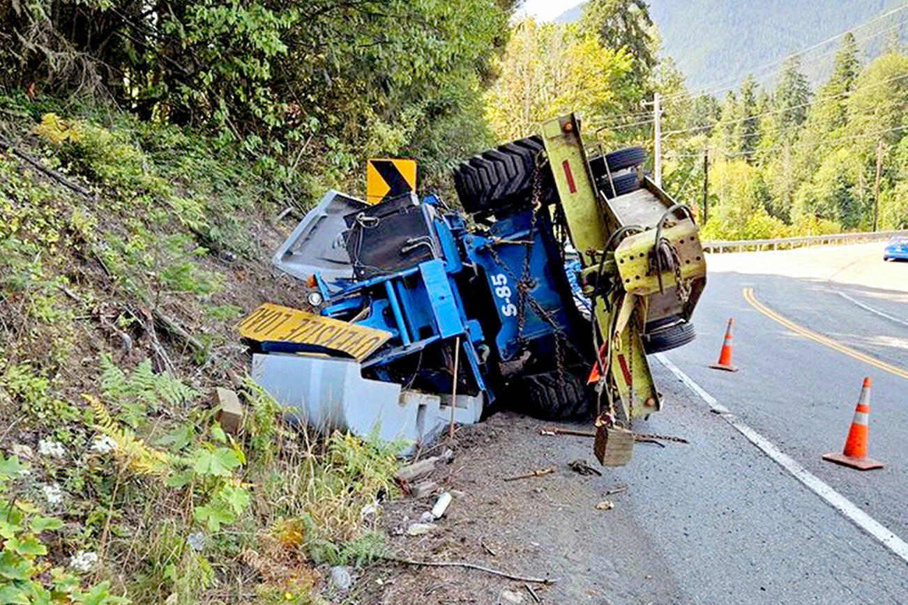 Traffic was blocked and then diverted when a large trailer rolled over on U.S. Highway 101 east of Olympic Hot Springs Road.(Clallam 2 Fire-Rescue)