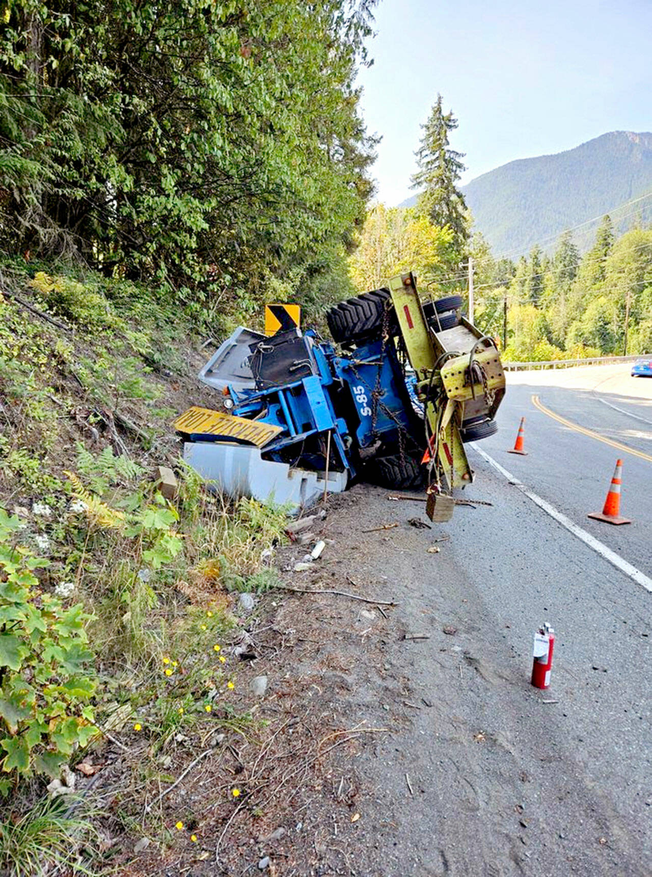 Traffic was blocked and then diverted when a large trailer rolled over on U.S. Highway 101 east of Olympic Hot Springs Road.(Clallam 2 Fire-Rescue)