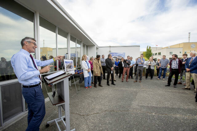 Steve Mullensky/for Peninsula Daily News
Jefferson Healthcare CEO Mike Glenn jokes with Port Townsend City Manager John Munro and Mayor David Faber, center, on Thursday at a groundbreaking for a $84 million project.