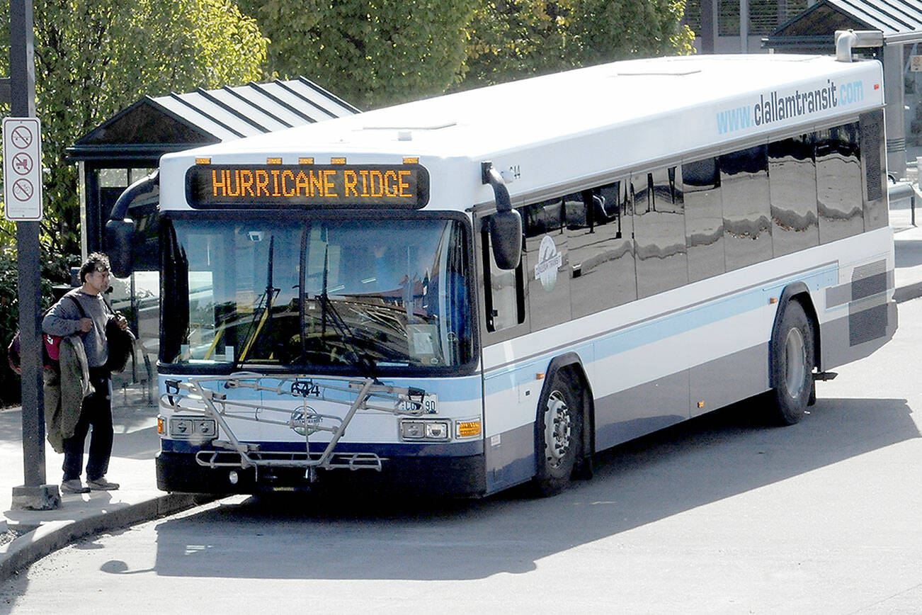 KEITH THORPE/PENINSULA DAILY NEWS
A Clallam Transit bus destined for Hurricane Ridge in Olympic National Park prepares to depart The Gateway transit center in downtown Port Angeles on Tuesday.