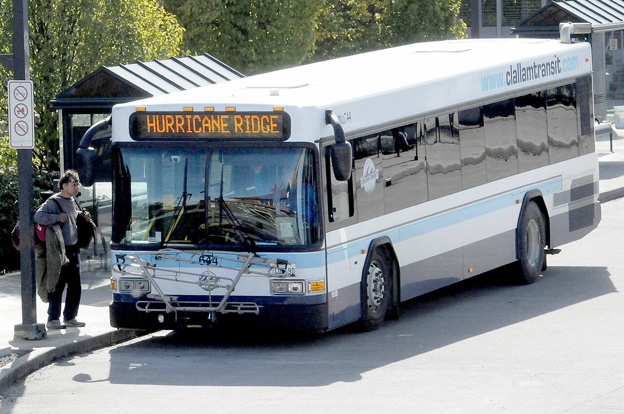 A Clallam Transit bus destined for Hurricane Ridge in Olympic National Park prepares to depart The Gateway transit center in downtown Port Angeles on Tuesday. (KEITH THORPE/PENINSULA DAILY NEWS)