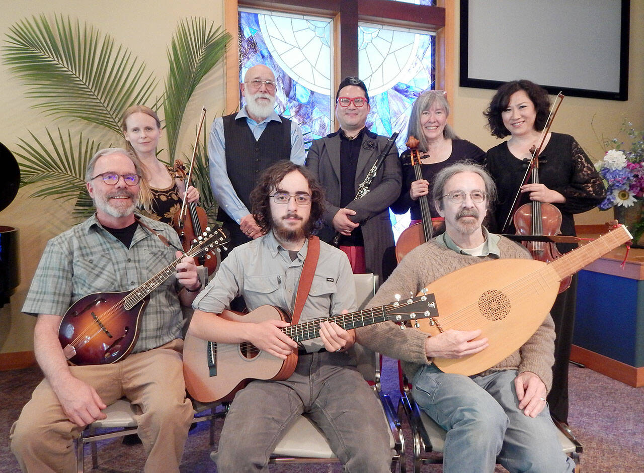 Founding musicians of the Port Townsend Symphony Orchestra Chamber Music Series include, front row, from left to right: Mike McLeron, mandolin; William Walden, guitar; and Guy Smith, lute. Back row, from left to right: Marina Rosenquist, violin; Michael Carroll, piano; Joel Wallgren, clarinet; Pamela Roberts, cello; and Sung-Ling Hsu, piano and viola.