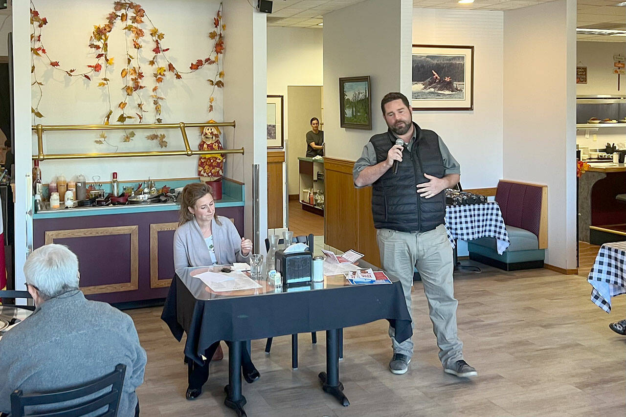 Port Angeles Deputy Mayor Brendan Meyer, right, speaks to a meeting of the Port Angeles Kiwanis Club Thursday alongside his opponent, Kalli Mae Jones, who’s challenging Meyer for his Position 7 seat on the Port Angles City Council. (Peter Segall/Peninsula Daily News)