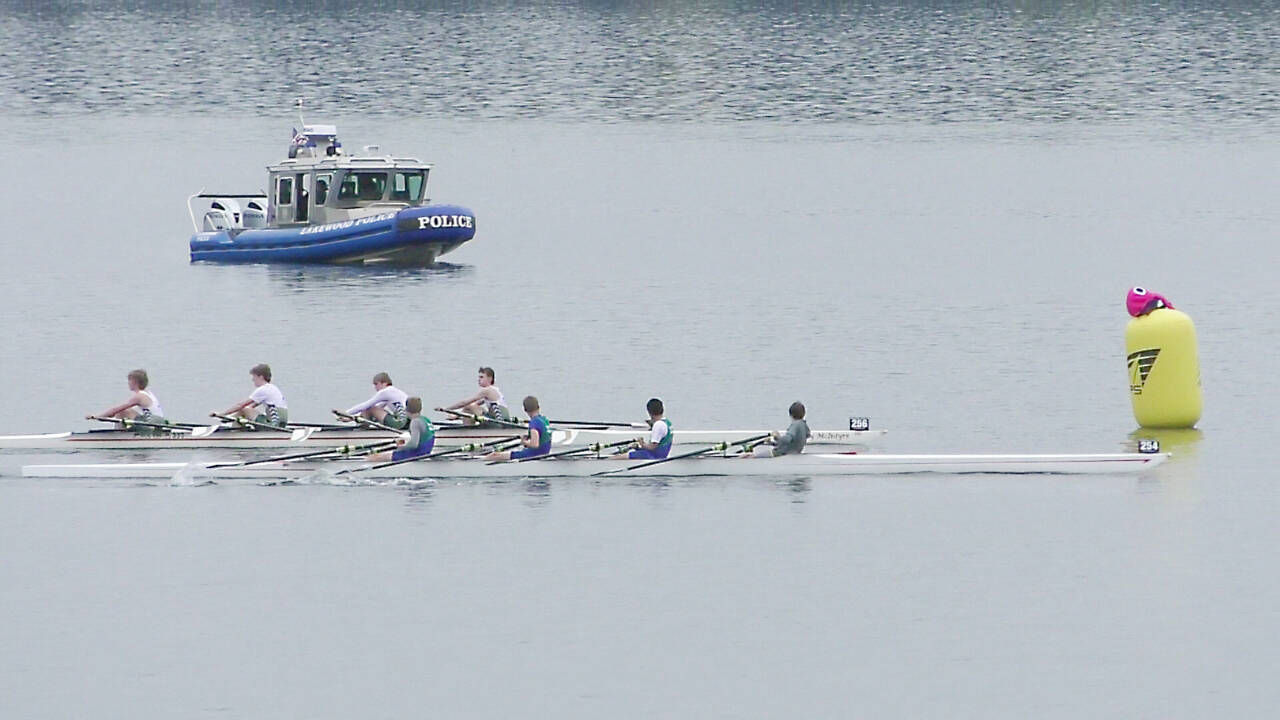 From left in the Olympic Peninsula Rowing Association’s boat 254 are Cooper Disque, Teig Carlson, Mason Mai and Quince Chanway as they reach the finish line at Pocock Rowing Center. (Olympic Peninsula Rowing Assocation)