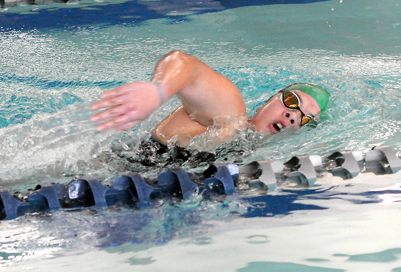 Port Angeles’ Amayah Nelson competes in the 500-yard freestyle during Wednesday’s meet against East Jefferson at Shore Aquatic Center in Port Angeles. (Keith Thorpe/Peninsula Daily News)