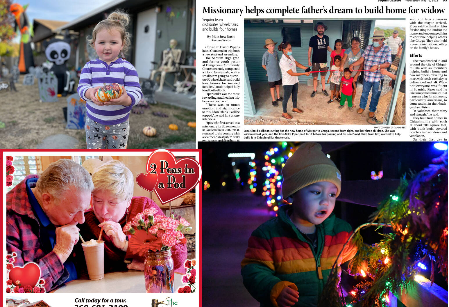 Sequim Gazette award winners from Washington Newspaper Publisher’s Association’s 2023 Better Newspaper Contest include (clockwise, from top left): Matthew Nash’s photo of 2-and-a-half-year-old Parker Lomker’s fantastic Halloween display, second place in the Portrait Photo division; Nash’s May 2022 feature about Sequim High graduate David Piper’s efforts to distribute wheelchairs and build homes for Guatemalans in need, a first place in the General Feature Story (short) division; Michael Dashiell’s photo of 15-month-old Thomas Hanna at the newly-lit historic Railroad Bridge at Railroad Bridge Park, first place in the Portrait Photo division; and, Lara Stanton’s advertisement for The Lodge at Sherwood Village, second place in the contest’s Romantic Ads division.