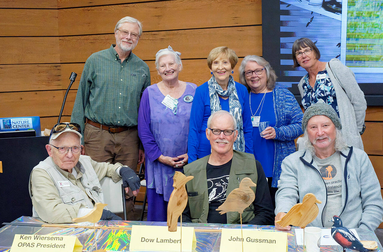 Olympic Peninsula Audubon Society members celebrate the organization’s 50th anniversary. Seated, left to right, Ken Wiersema, Dow Lambert and John Gussman. Standing, left to right, Bob Boekelheide, Kendra Donelson, Audrey Gift, Sue Dryden and Marie Grad. (Dee Renee Ericks)