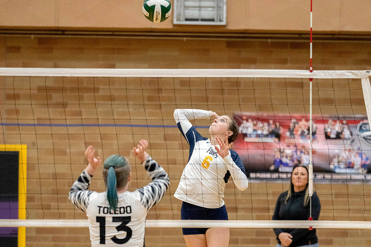 Josh Kirshenbaum/The Chronicle
Forks' Chloe Gaydeski eyes the ball as she prepares to send a spike over the net during the Spartans' 3-1 win over Toledo on Wednesday during the Class 2B District 4 Tournament.