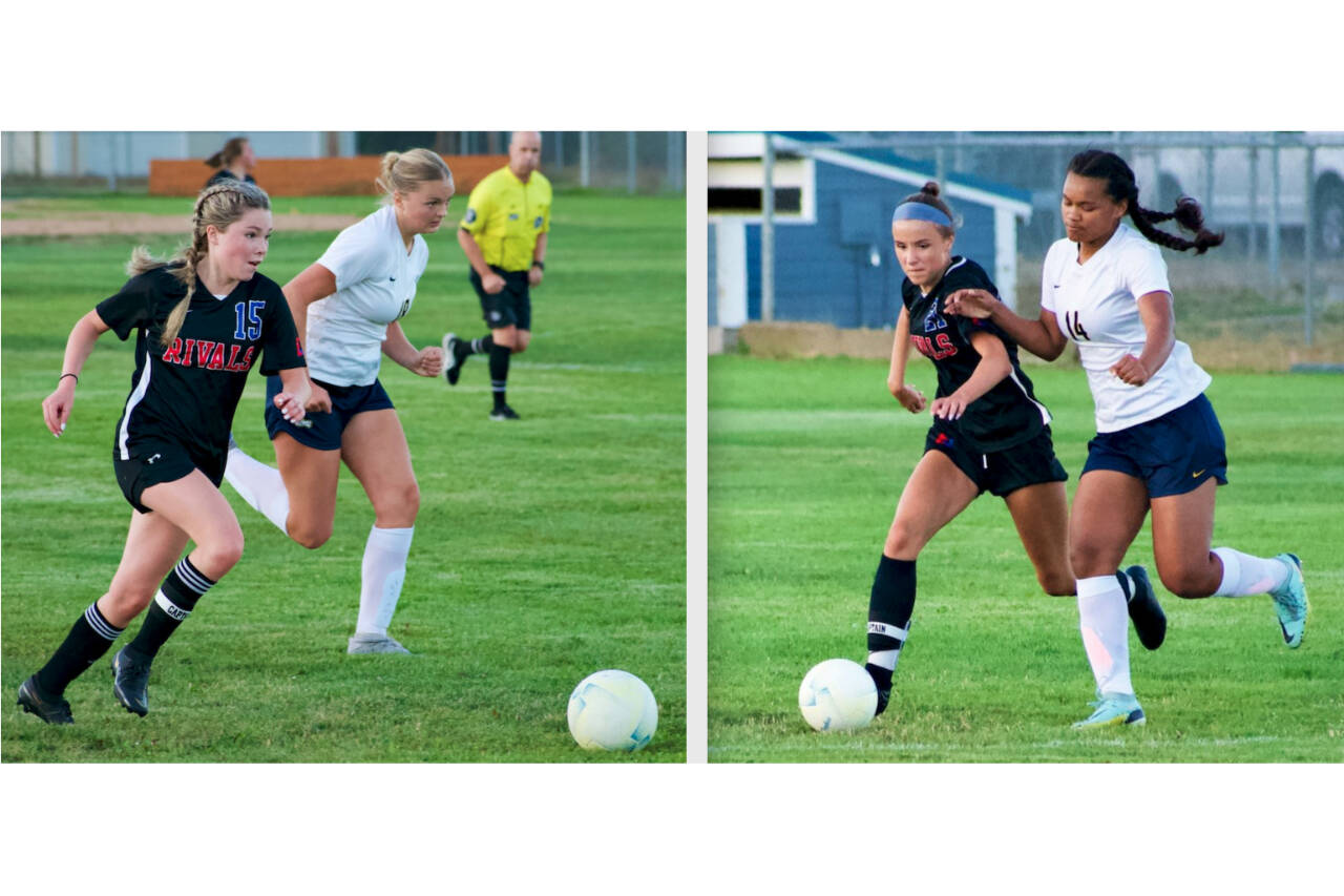 East Jefferson’s Ava Shiflett, left, was named to the Nisqually League girls soccer first team while Iris Mattern, right, was named the Nisqually League MVP. (Jim Emery photos)