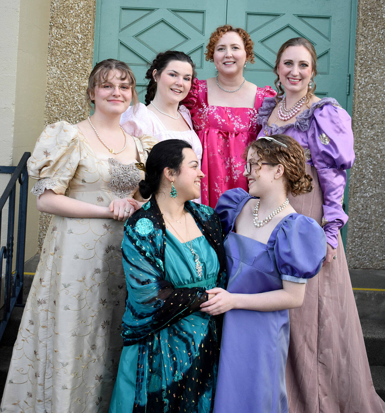 Cast members outside of the recent Jane Austen Tea. Pictured, left to right, front row: Poet XIX and Belle Robinson. Back row: Wesley Vollmer, Olivia Wray, Cecie Gonzales McClelland and Sunshine Pederson.