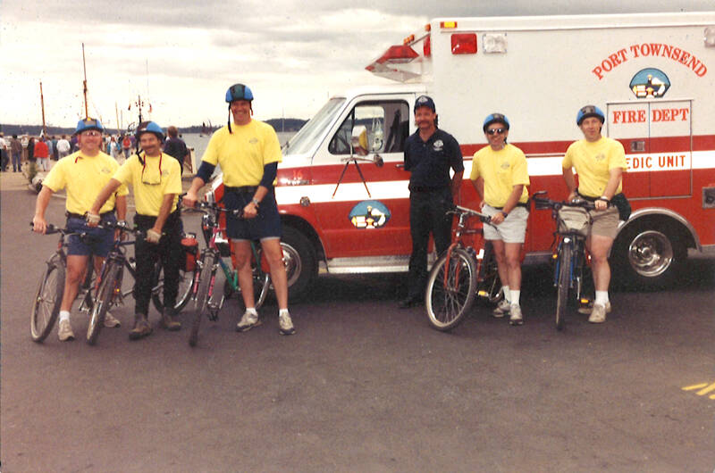 From left, Ted Krysinski, Jordan Pollock, Steve Craig, Andy Schmucker, Max Plattner and Rolf Schumann work at the Wooden Boat Festival circa 1996. (East Jefferson Fire Rescue)