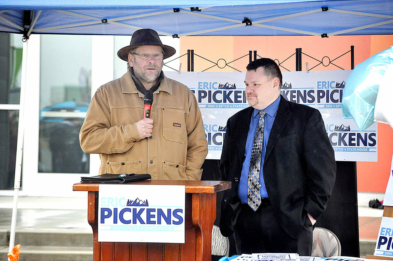 State Rep. Mike Chapman, D-Port Angeles, left, speaks in support of Eric Pickens, D-Sequim. (Matthew Nash/Olympic Peninsula News Group)