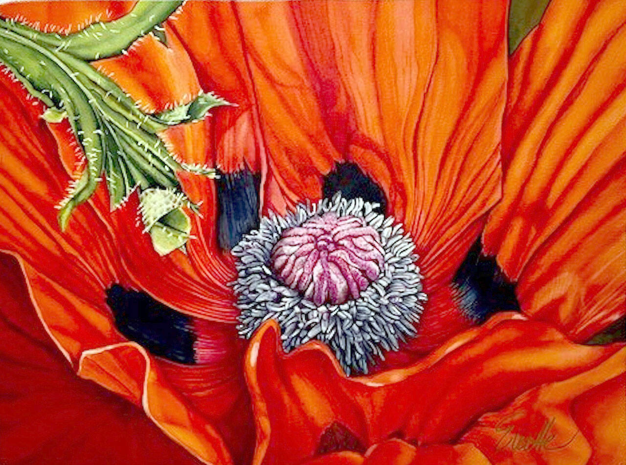 Evette Allerdings of Port Angeles created “Orangy,” a silk painting, for the “Burst of Color” show opening today at Port Townsend’s Jeanette Best Gallery. (Evette Allerdings)