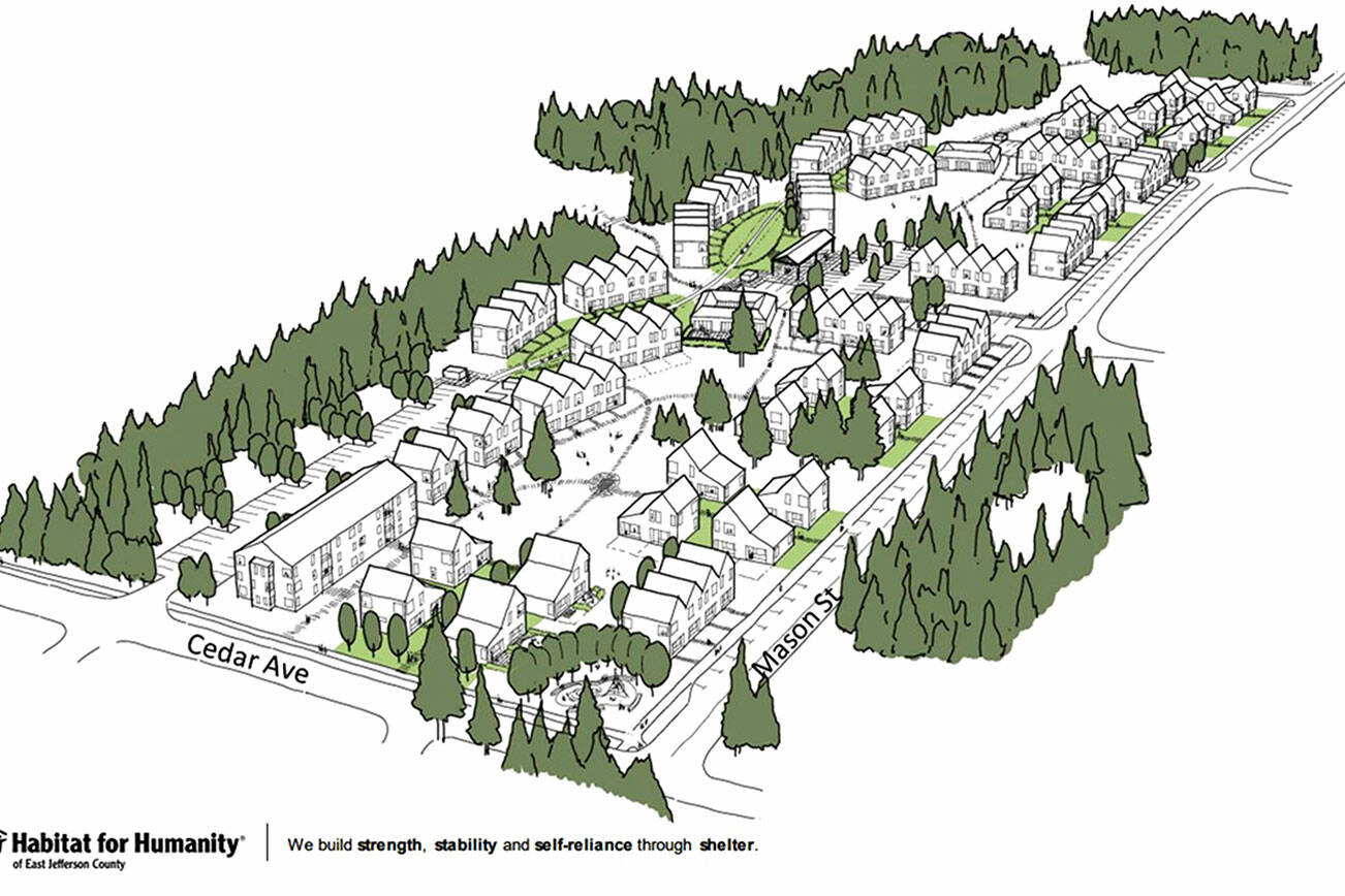 Several possible layouts for Habitat for Humanity of East Jefferson County's proposed Mason Street neighborhood in Port Hadlock was shown to the public Thursday, though no plans have been finalized. The future Mason Street neighborhood seeks to add more than 100 units of housing to Port Hadlock, and is being made possible by the over $30 million expansion of sewer infrastructure in the area. (Courtesy photo / Habitat for Humanity of East Jefferson County)