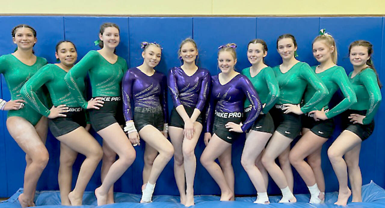 The Port Angeles-Sequim gymnastics team competed this weekend against Bainbridge and will compete at home Saturday against North Kitsap and Kingston. From left are Scarlett Sullivan, Shavari Epps, Susannah Sharp, Madison Ripley, Lucy Spelker, Faith Carr, Maddie Adams, Summer Hirst-Iowe and Ryah DeLeon. (Courtesy photo)