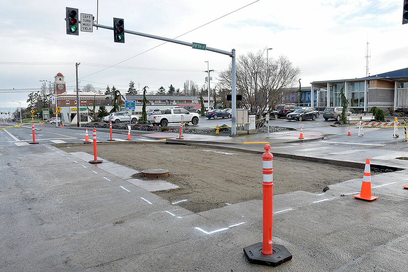 The paving work planned for Thursday at the intersection of Fifth and Lincoln streets has been delayed until today, Port Angeles Public Works Director Mike Healy said early Thursday afternoon. “The stabilizing material didn’t stabilize as well as it should, probably because of the rain and temperatures. About 20 percent isn’t as firm as we would like,” he said. “If you pave that, there will be a soft spot and we don’t want that. We have a lot of confidence that it will be ready Friday sometime around evening rush hour. Who knows? We hope Mother Nature cooperates,” he said. (Keith Thorpe/Peninsula Daily News)