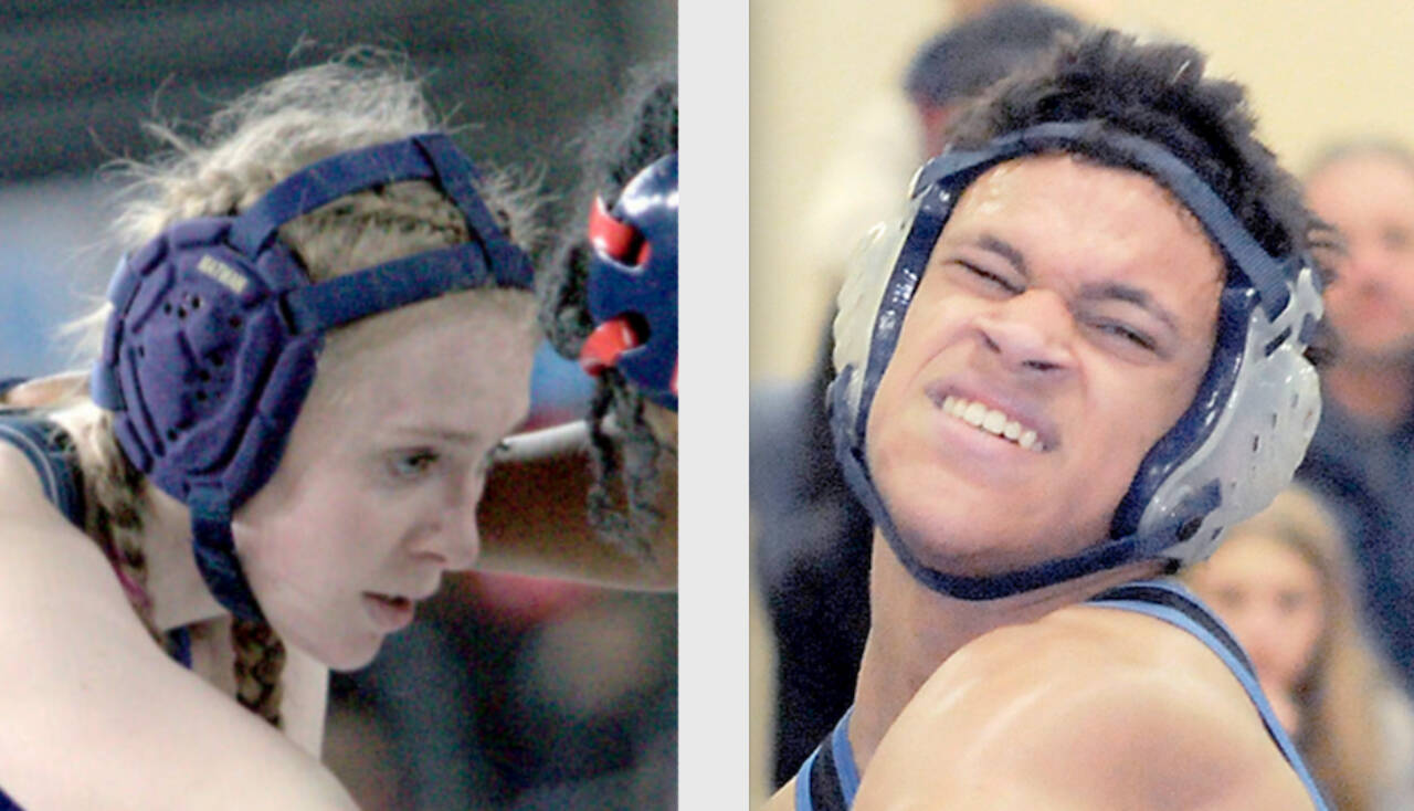 Forks’ Miley Blanton, left, and East Jefferson’s Manaseh Lanphear-Ramirez were both regional wrestling champions.