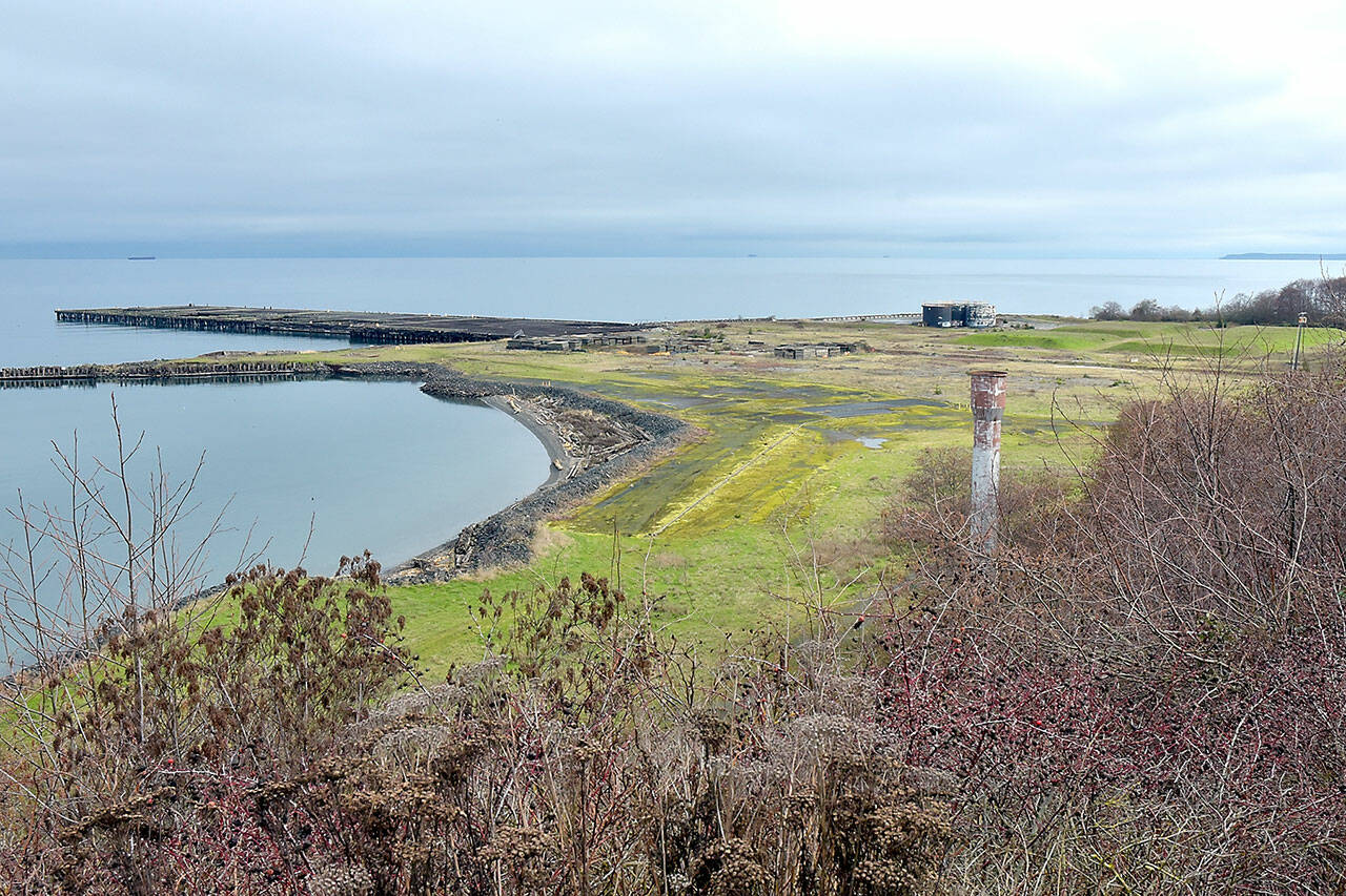 The site of the former Rayonier mill in Port Angeles, shown on Tuesday, awaits completion of environmental cleanup almost 27 years after the last roll of pulp rolled off the line. (Keith Thorpe/Peninsula Daily News)