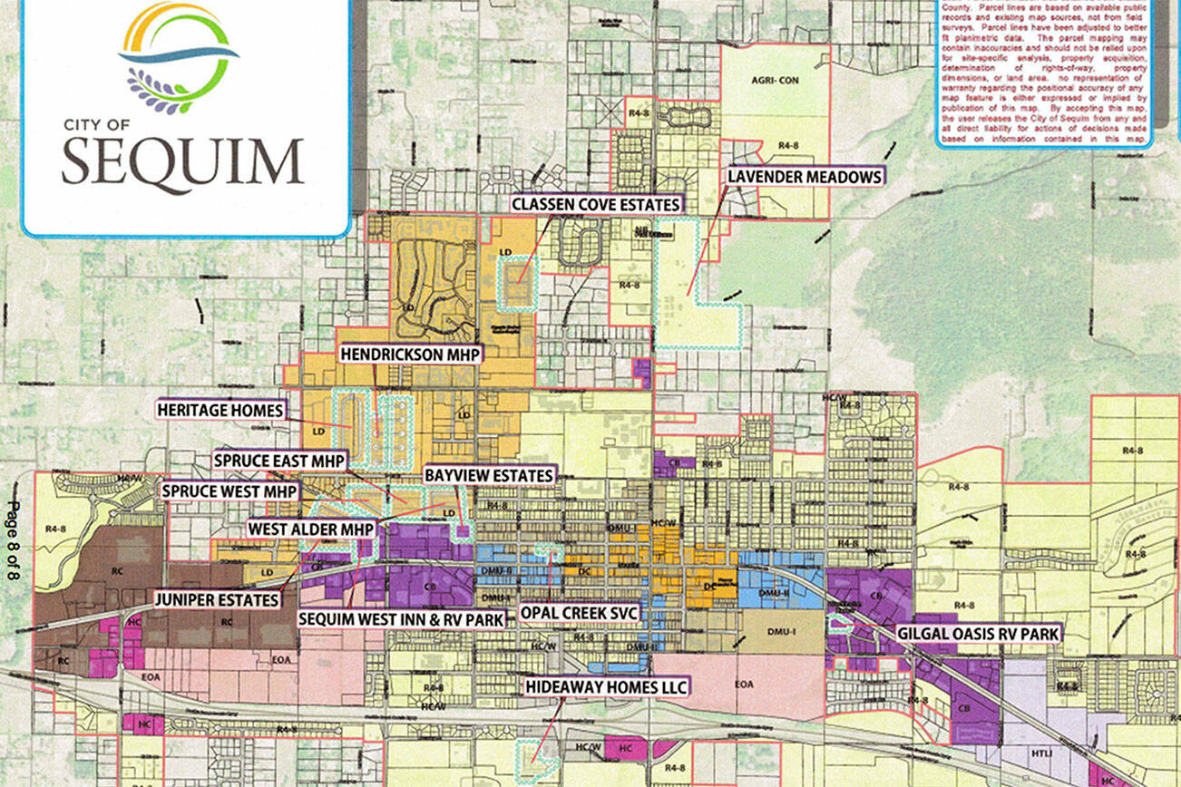 The City of Sequim hosts 13 manufactured home/mobile home parks with 596 existing units and 786 approved dwelling units. City staff continue to look into zoning options that could protect these sites from redevelopment to help protect affordable housing options in the city. (City of Sequim)