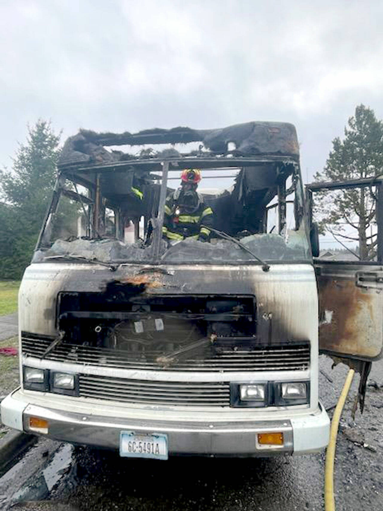 Firefighters extinguished a fire in an RV near Olympic Medical Center on Wednesday in Port Angeles. No one was injured. (Port Angeles Fire Department)