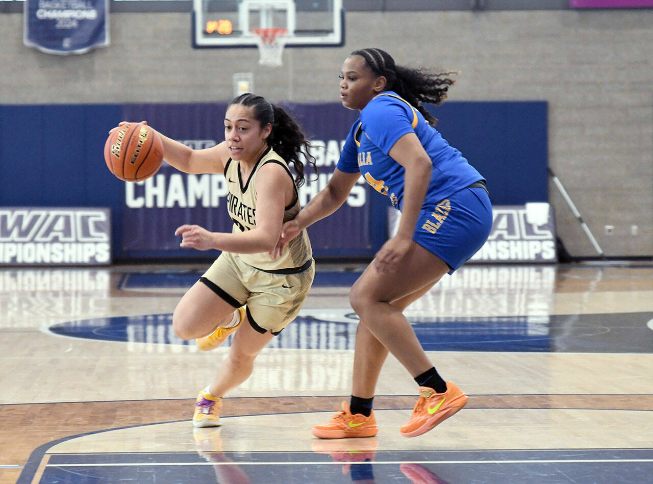 Jay Cline/Peninsula College Athletics Peninsula’s Shania Moananu turns the corner on a Centralia Trailblazer defender during the NWAC Women’s Basketball Tournament on Friday at Columbia Basin College’s Holden Court in Pasco.