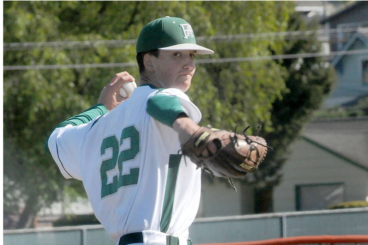 Port Angeles’ pitcher Rylan Politika in 2023 pitching at Civic Field. Politika and Brandt Perry combined for a two-hitter Monday against Bremerton. (KEITH THORPE/PENINSULA DAILY NEWS)